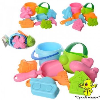 Набір для пісочниці 858-6 відерко, лійка, лопатка, граблі, форми, мікс кольорів, сітка, 25-15-13 см.